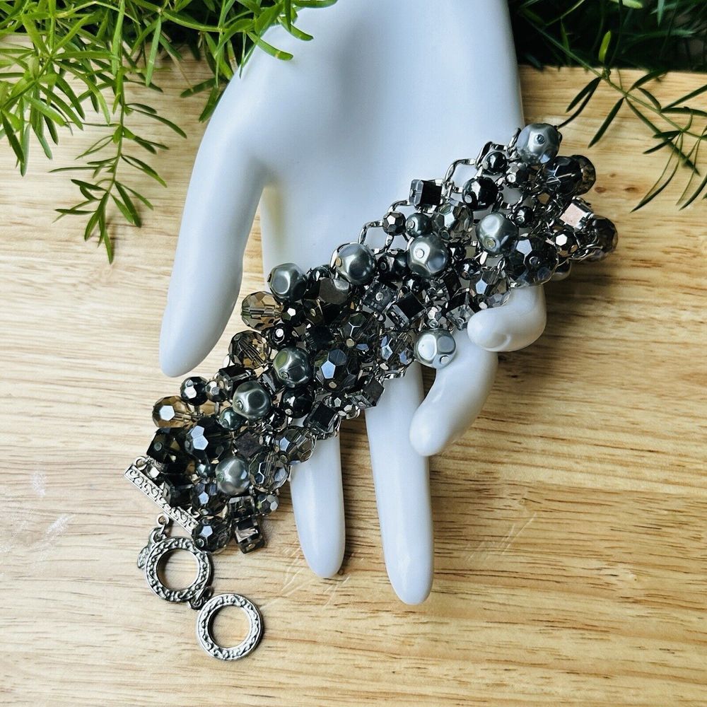 VTG Premier Designs Chain Bracelet 7.5 Bead Charm‎ Wide Silver Tone Gray Taupe